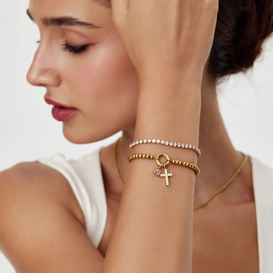 Beaded Bracelet with Cross and Birthstone