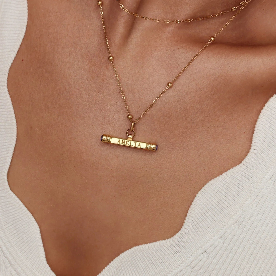 Personalized T-Bar Necklace with Name and Birthstone