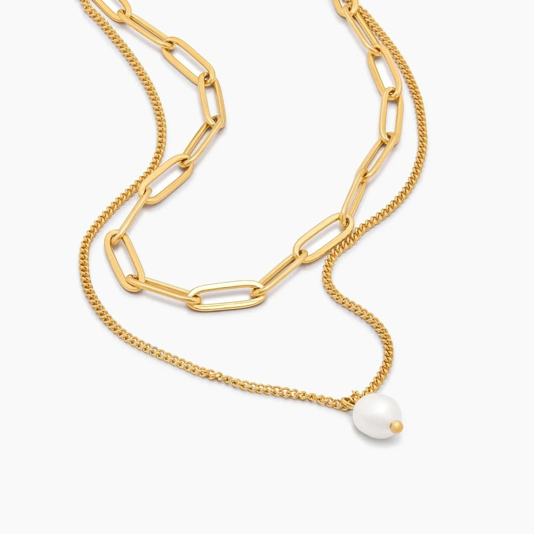 Layered Necklace with Paperclip Chain and Pearl Pendant