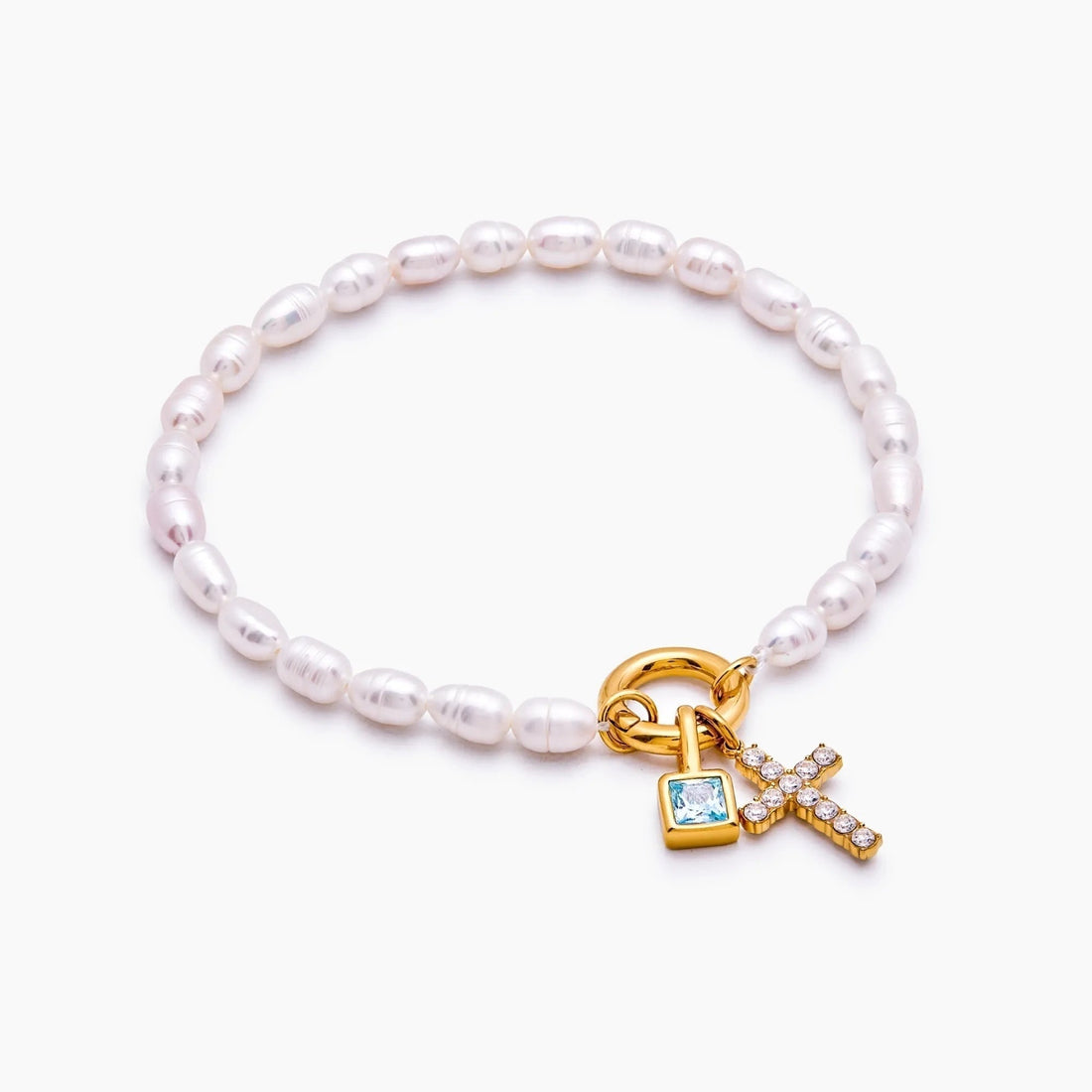 Cross Charm Bracelet with Pearl and Birthstone